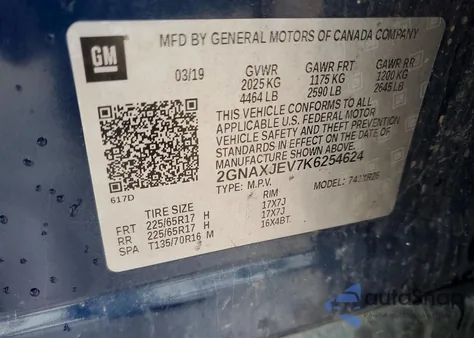 2019 Chevrolet Equinox Lt z USA, uszkodzony, nr VIN 2GNAXJEV7K6254624